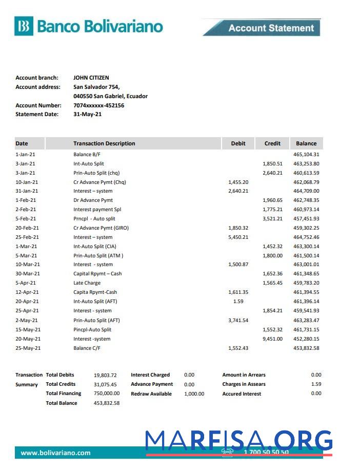 Realistic Ecuador Banco Bolivariano bank statement excel sample